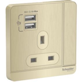 Schneider Avataron 2 Usb Charger + Switched Socket 3P 13A Metal Gold Hairline