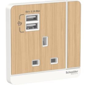 Schneider Avataron 2 Usb Charger + Switched Socket 3P 13A Light Wood